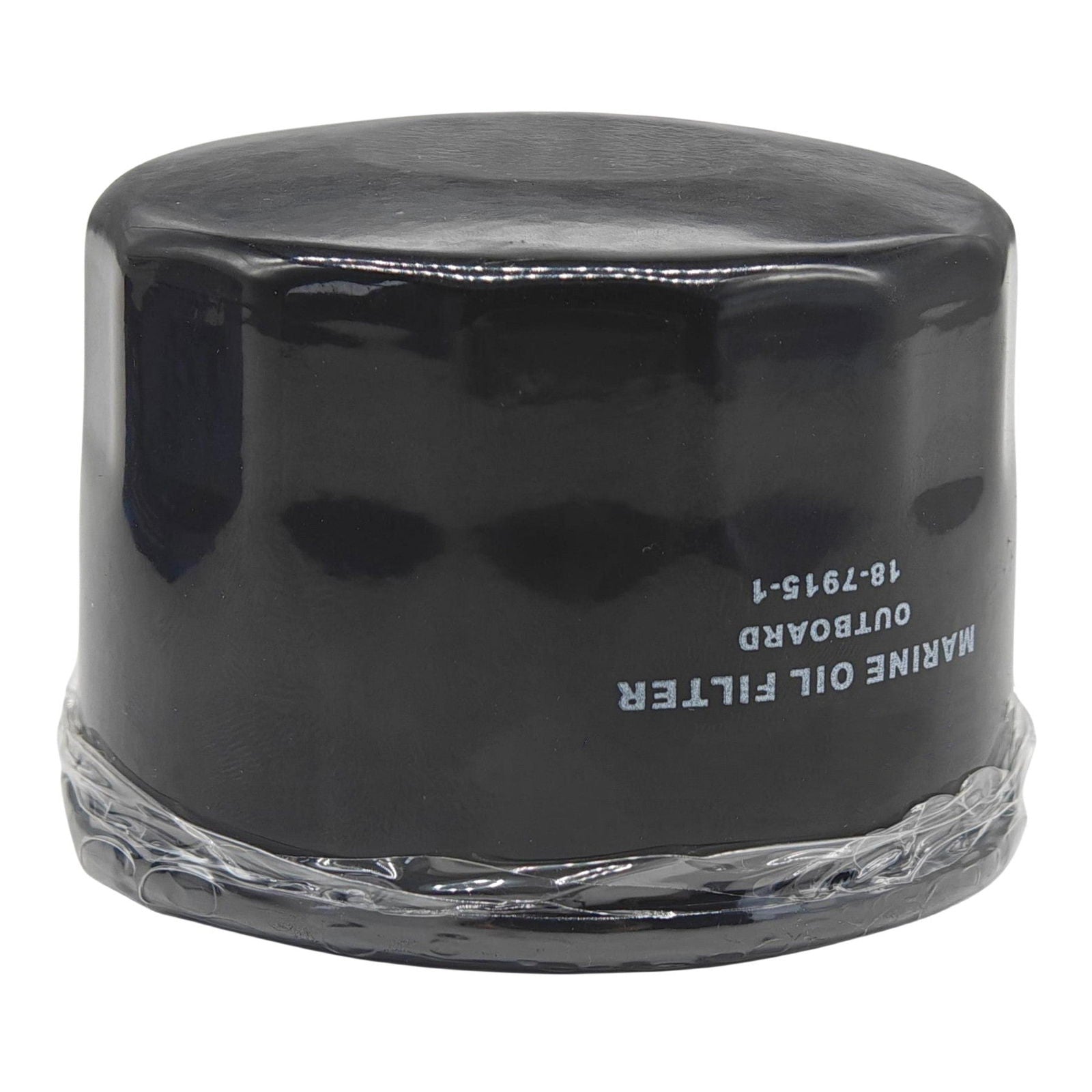photo of jlm marine oil filter 18-7915-1 black cylindrical with domed top wrapped in plastic for suzuki evinrude mercury outboards