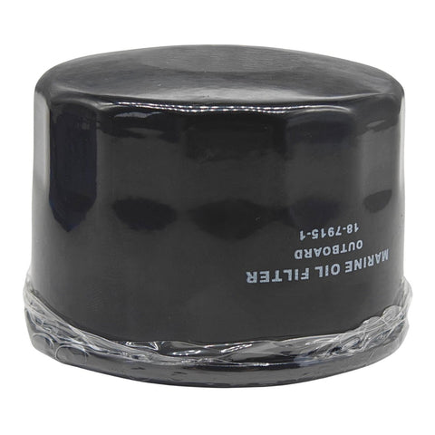 photo of jlm marine oil filter 18-7915-1 black cylindrical with domed top wrapped in plastic for suzuki evinrude mercury outboards