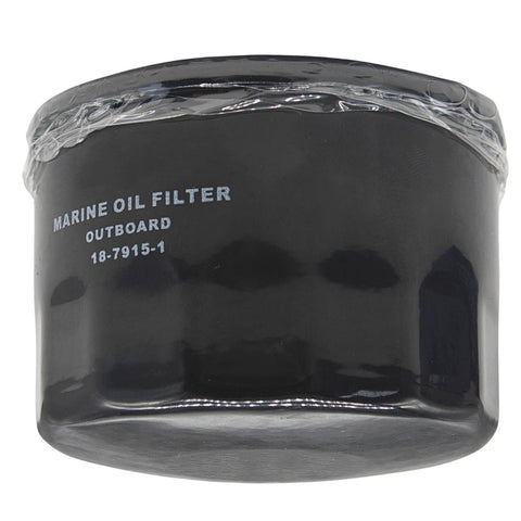 photo of jlm marine oil filter 18-7915-1 for suzuki evinrude mercury outboard engines, black cylindrical, in clear plastic packaging
