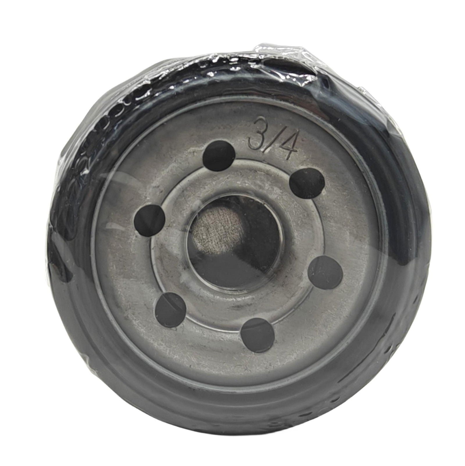 photo of jlm marine oil filter 18-7915-3 for suzuki johnson evinrude mercury 25-70 hp, round metal body with black gasket, central hole with six smaller holes, 3/4 stamped