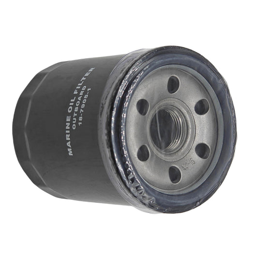 photo of jlm marine oil filter 18-7905-1 for suzuki mercury johnson evinrude 150-350 hp, black canister with white text, metallic gray threaded end with six holes, dark gray rubber gasket