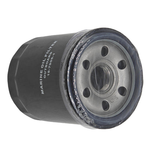 photo of JLM Marine oil filter, 18-7905-2, gray cylinder with white text, silver metal cap with six holes and threaded opening, black rubber gasket, for Suzuki Mercury Johnson Evinrude 150-350 hp