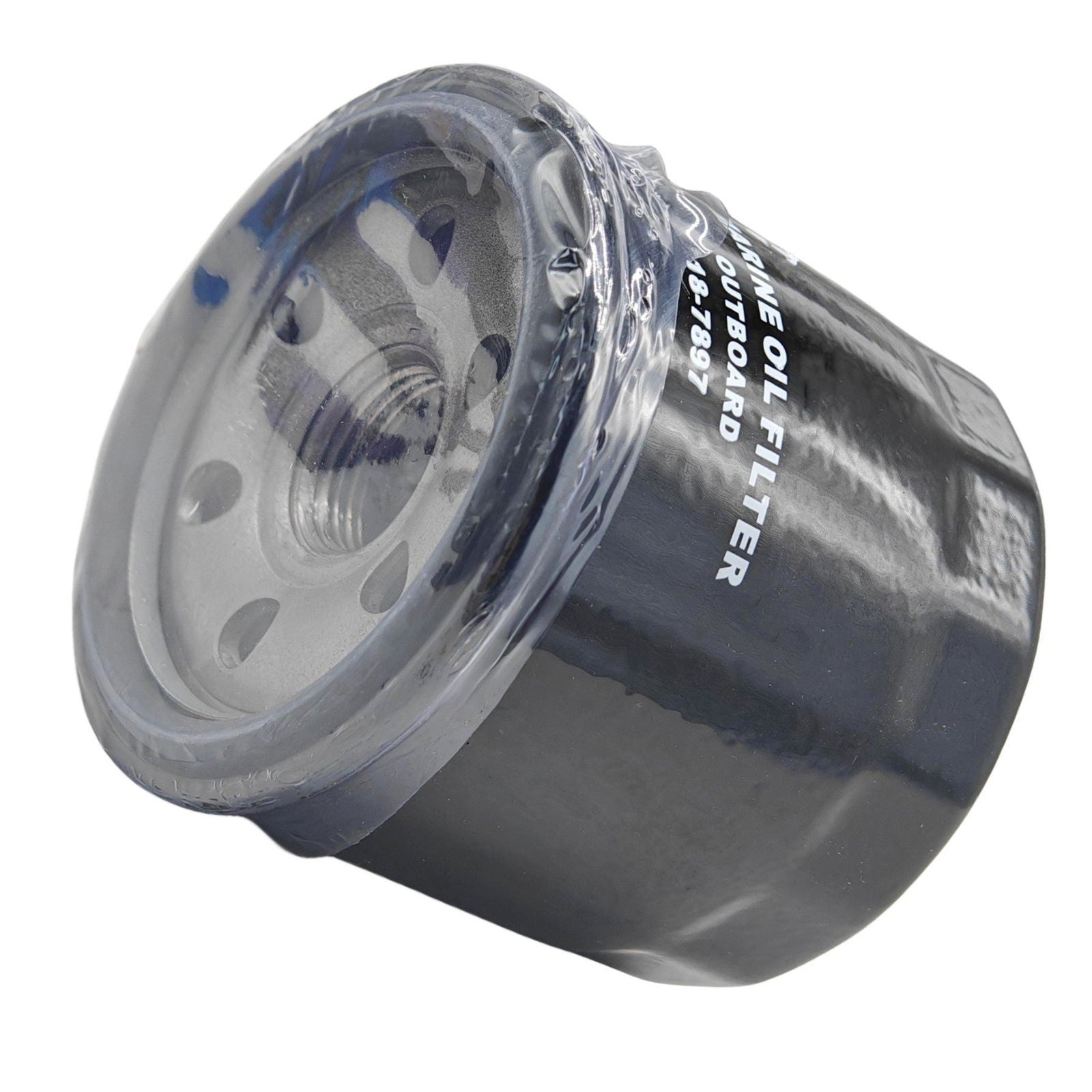 photo of jlm marine oil filter 18-7898 for suzuki evinrude 115hp 140hp outboard, black cylindrical housing, threaded metal top with circular holes