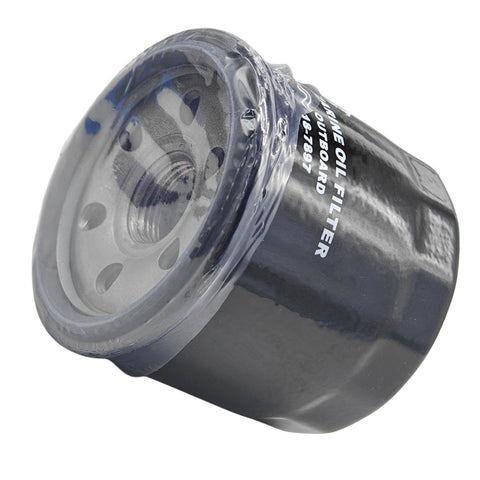 photo of jlm marine oil filter 18-7898 for suzuki evinrude 115hp 140hp outboard, black cylindrical housing, threaded metal top with circular holes