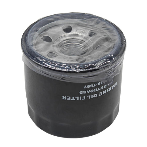 photo of jlm marine oil filter 18-7898 for suzuki evinrude 115hp 140hp, black cylindrical marine oil filter, clear plastic shrink wrap, metal top with screw holes, white text marine oil filter and outboard 18-7897