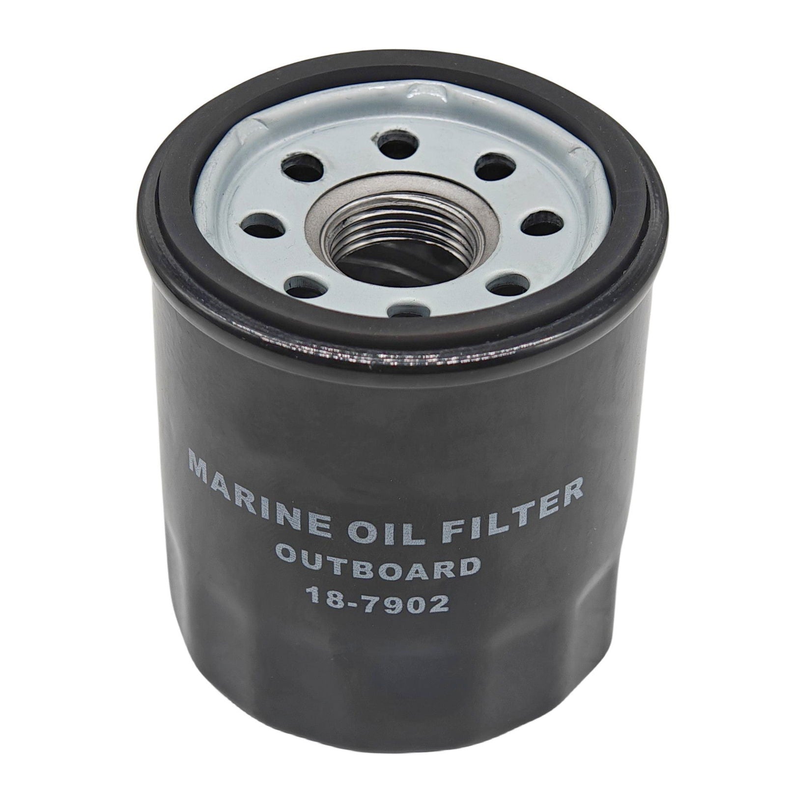 photo of JLM Marine oil filter 18-7902 for Yamaha 15-100 hp outboards, black cylindrical body with silver metal cap, black gasket, threaded fitting surrounded by eight holes