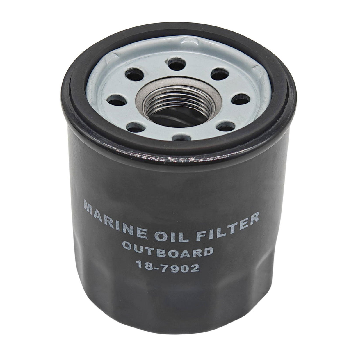 photo of JLM Marine oil filter 18-7902 for Yamaha 15-100 hp outboards, black cylindrical body with silver metal cap, black gasket, threaded fitting surrounded by eight holes