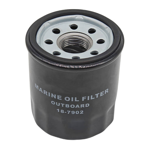 photo of JLM Marine oil filter 18-7902 for Yamaha 15-100 hp outboards, black cylindrical body with silver metal cap, black gasket, threaded fitting surrounded by eight holes