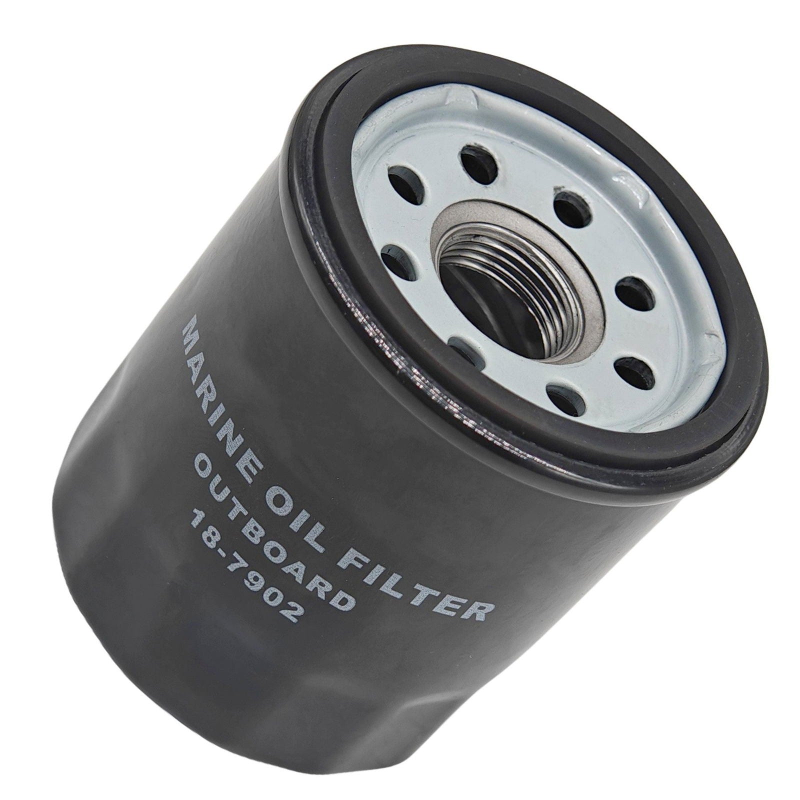 photo of JLM Marine 18-7902 oil filter, cylindrical black body with silver threaded top, silver disc with holes and black gasket