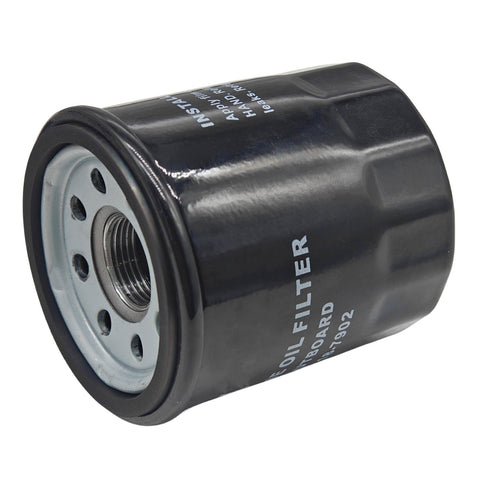 photo of JLM Marine black cylindrical oil filter part number 18-7902 with silver threaded end, gasket, and white printed text installation instructions and oil filter