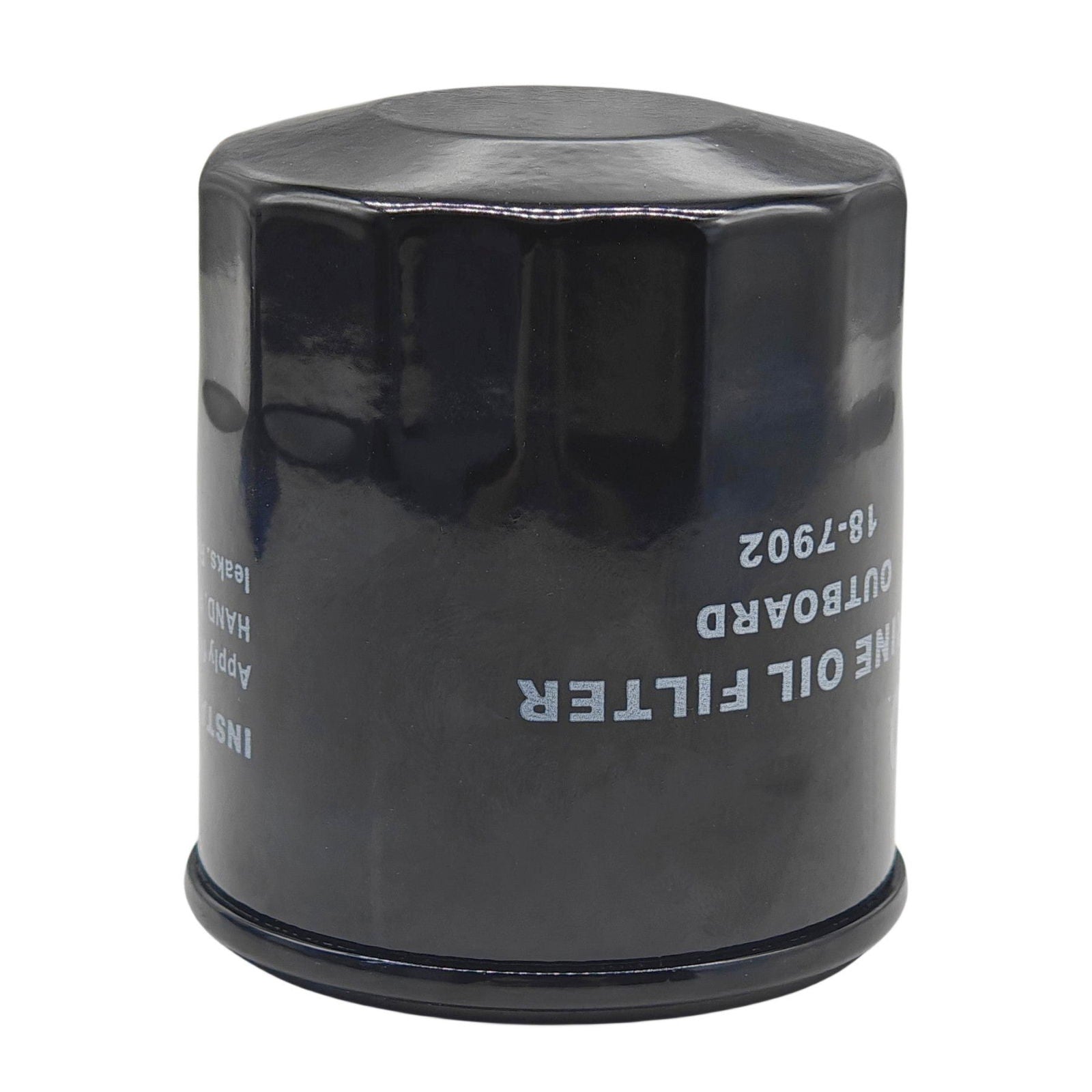 photo jlm marine oil filter 18-7902 for yamaha outboard two lines of text printed on matte black cylindrical body white text silvery white octagonal domed top ribbed dark bottom