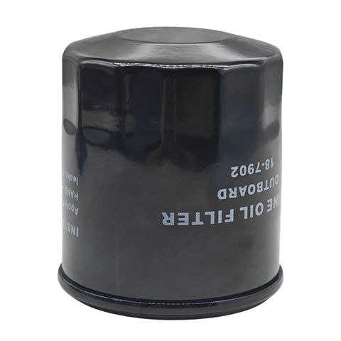 photo jlm marine oil filter 18-7902 for yamaha outboard two lines of text printed on matte black cylindrical body white text silvery white octagonal domed top ribbed dark bottom