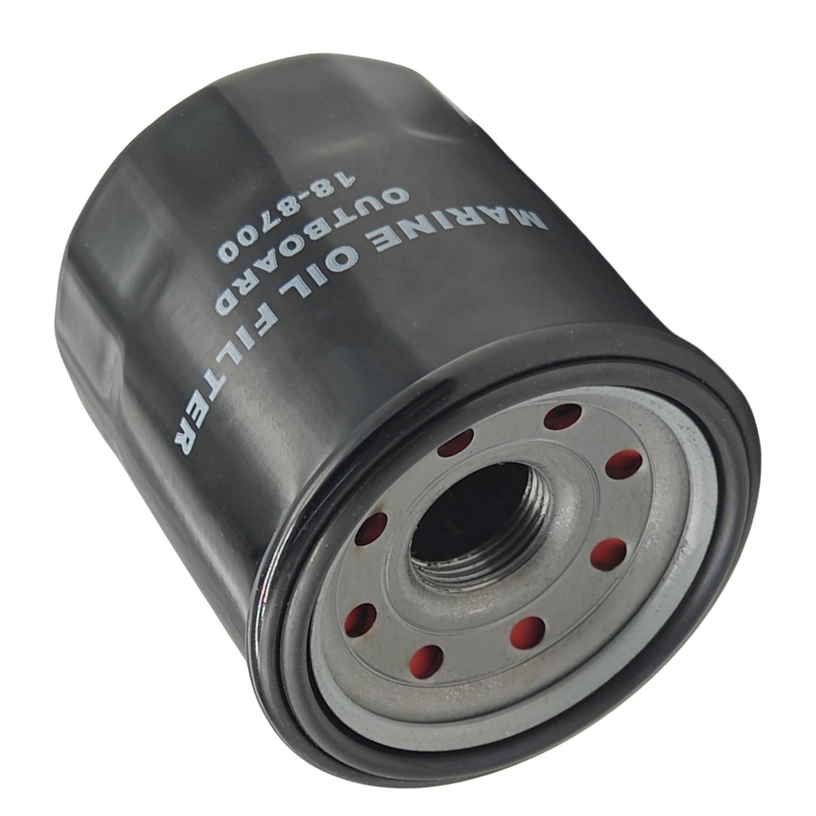 photo of jlm marine oil filter 18-8700 for yamaha 15-70 hp outboard, black cylinder with red circular openings, metallic threaded end with rubber gasket
