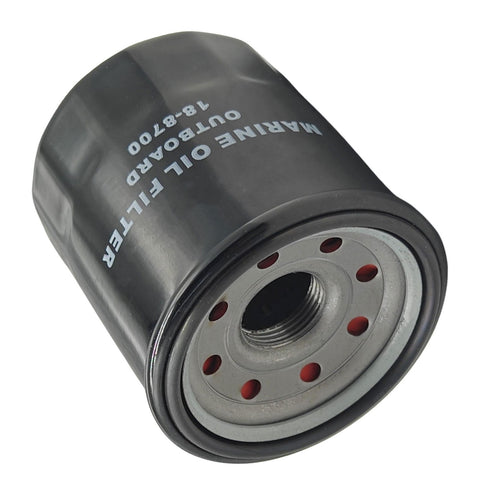 photo of jlm marine oil filter 18-8700 for yamaha 15-70 hp outboard, black cylinder with red circular openings, metallic threaded end with rubber gasket