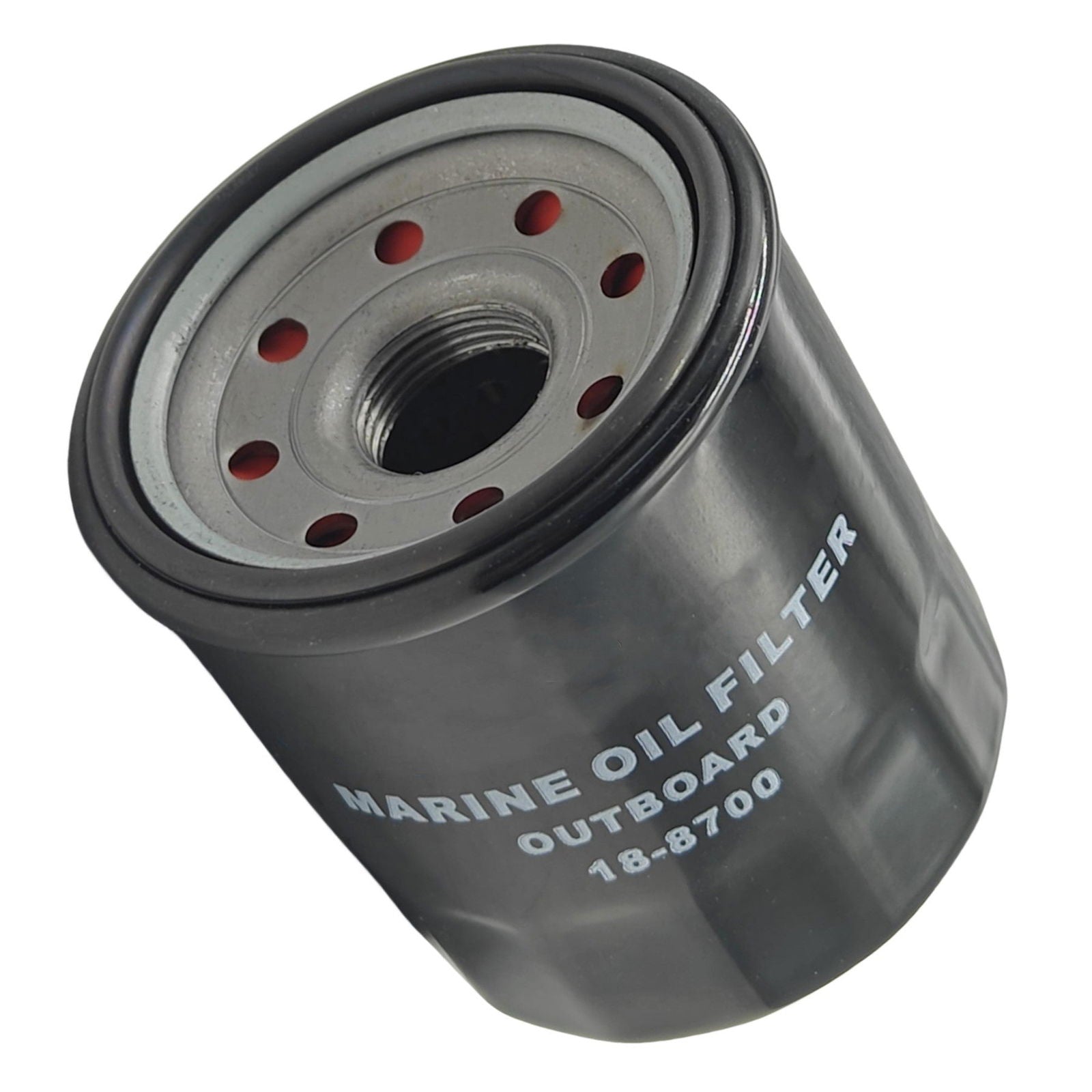 photo of JLM Marine oil filter 18-8700 for Yamaha outboard engines, black with silver threaded top, red inlets, and white text