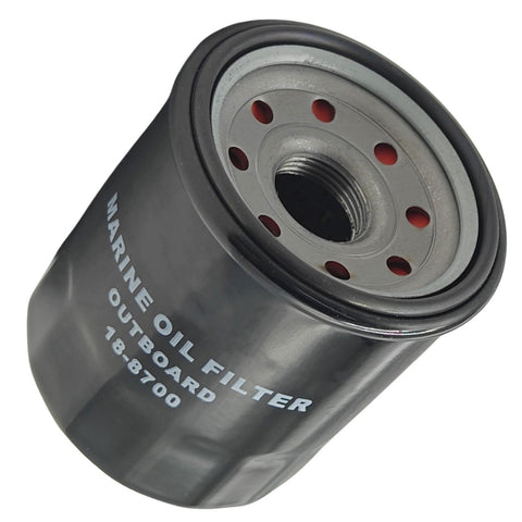 photo of jlm marine oil filter 18-8700 for yamaha 15-70 hp outboards, black canister with silver text, silver top with threaded metal center and red circles, rubber seal
