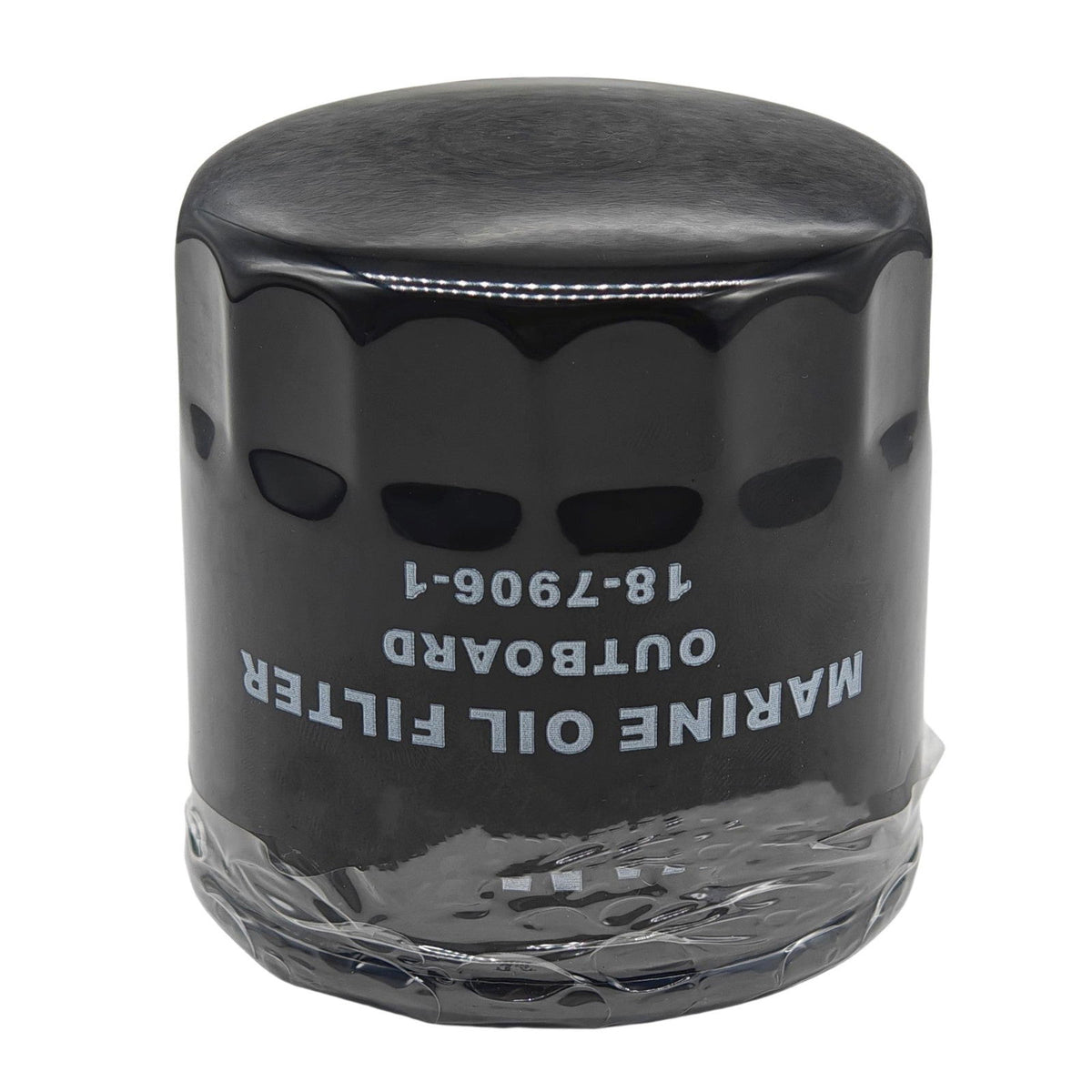 photo of jlm marine oil filter 18-7906-1 for yamaha 150-250hp and mercury 225hp, cylindrical black marine outboard filter with white text and shrink-wrapped bottom