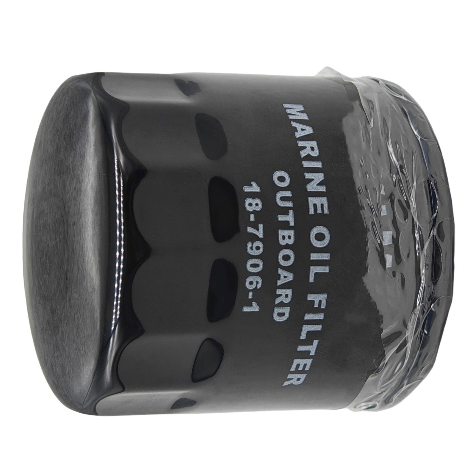 photo of JLM Marine oil filter 18-7906-1 for Yamaha 150-250hp and Mercury 225hp, black cylindrical with lengthwise ribs, light grey vertical text, plain white background