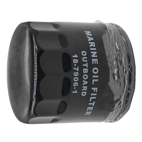 photo of JLM Marine oil filter 18-7906-1 for Yamaha 150-250hp and Mercury 225hp, black cylindrical with lengthwise ribs, light grey vertical text, plain white background