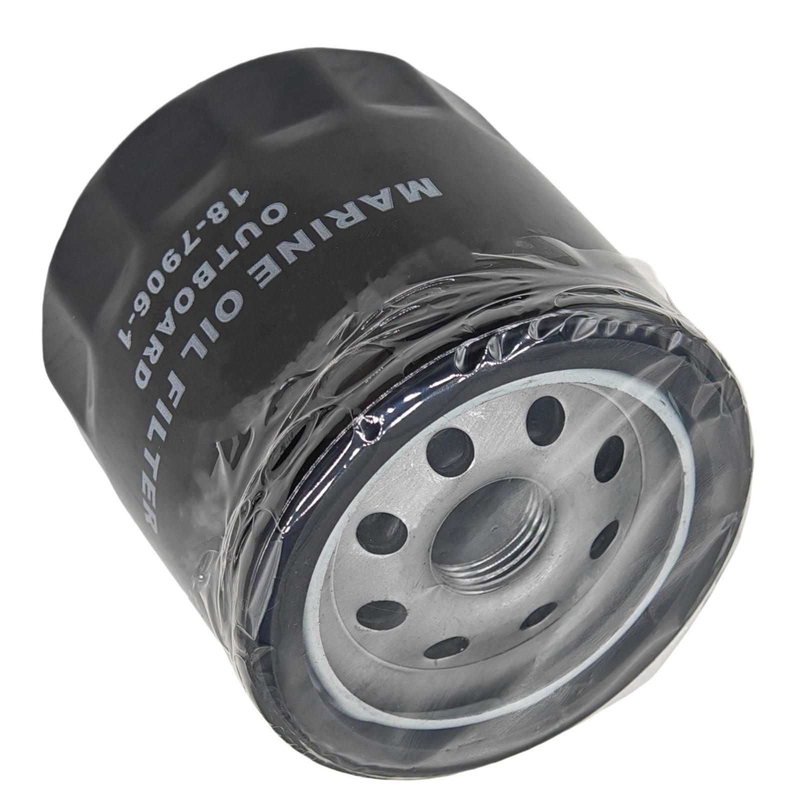 JLM Marine oil filter 18-7906-1 for Yamaha 150-250 HP and Mercury 225hp, black with white text, metallic end with holes and threaded opening