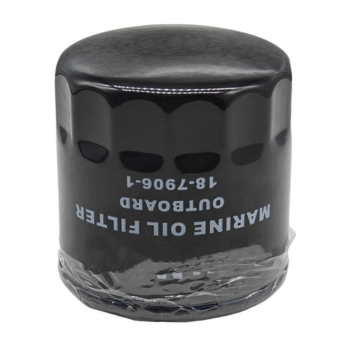 photo of JLM Marine oil filter 18-7906-2 for Yamaha 150-250hp and Mercury 225hp, black cylindrical, ribbed texture, white text, clear plastic packaging