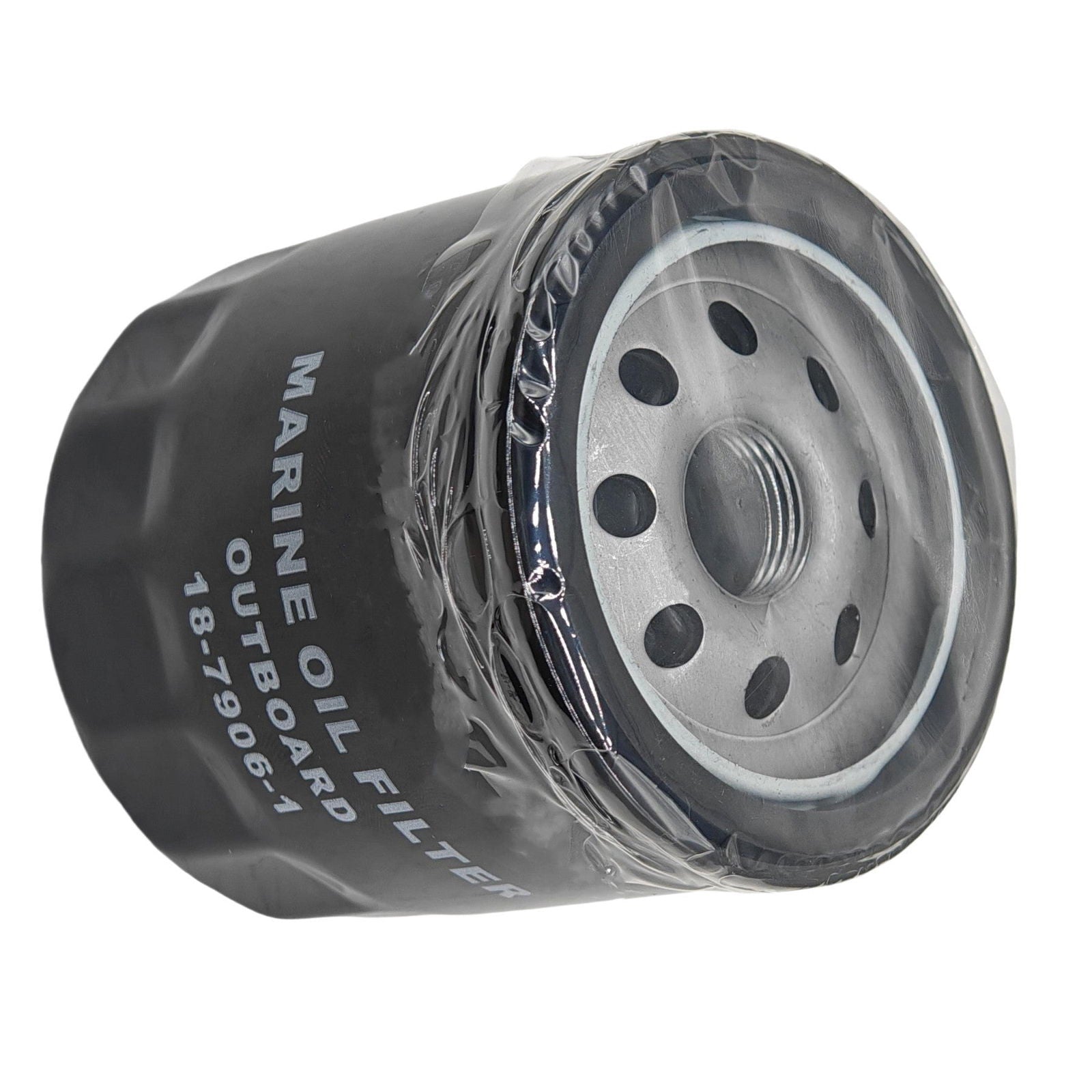 photo jlm marine oil filter 18-7906-1 black cylindrical with silver metal end cap and threaded opening