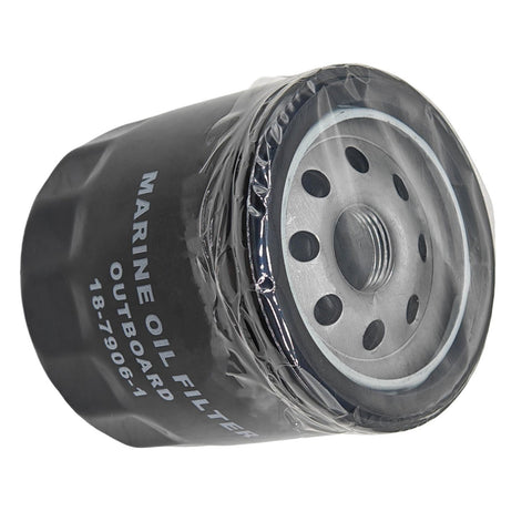 photo jlm marine oil filter 18-7906-1 black cylindrical with silver metal end cap and threaded opening