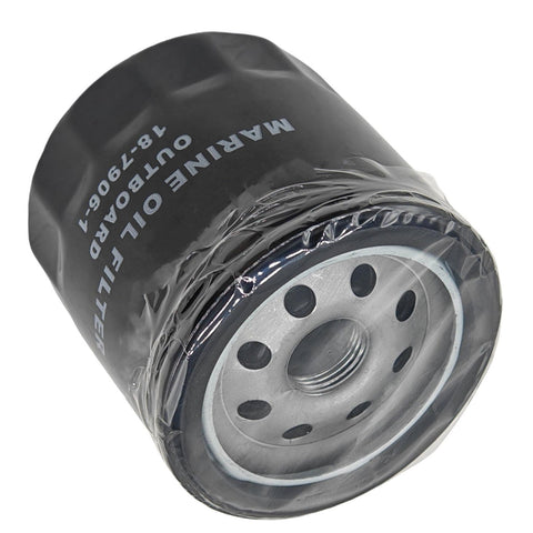 photo of jlm marine oil filter 18-7906-2 for yamaha 150-250hp and mercury 225hp, black body with silver threaded metal end cap and circular openings