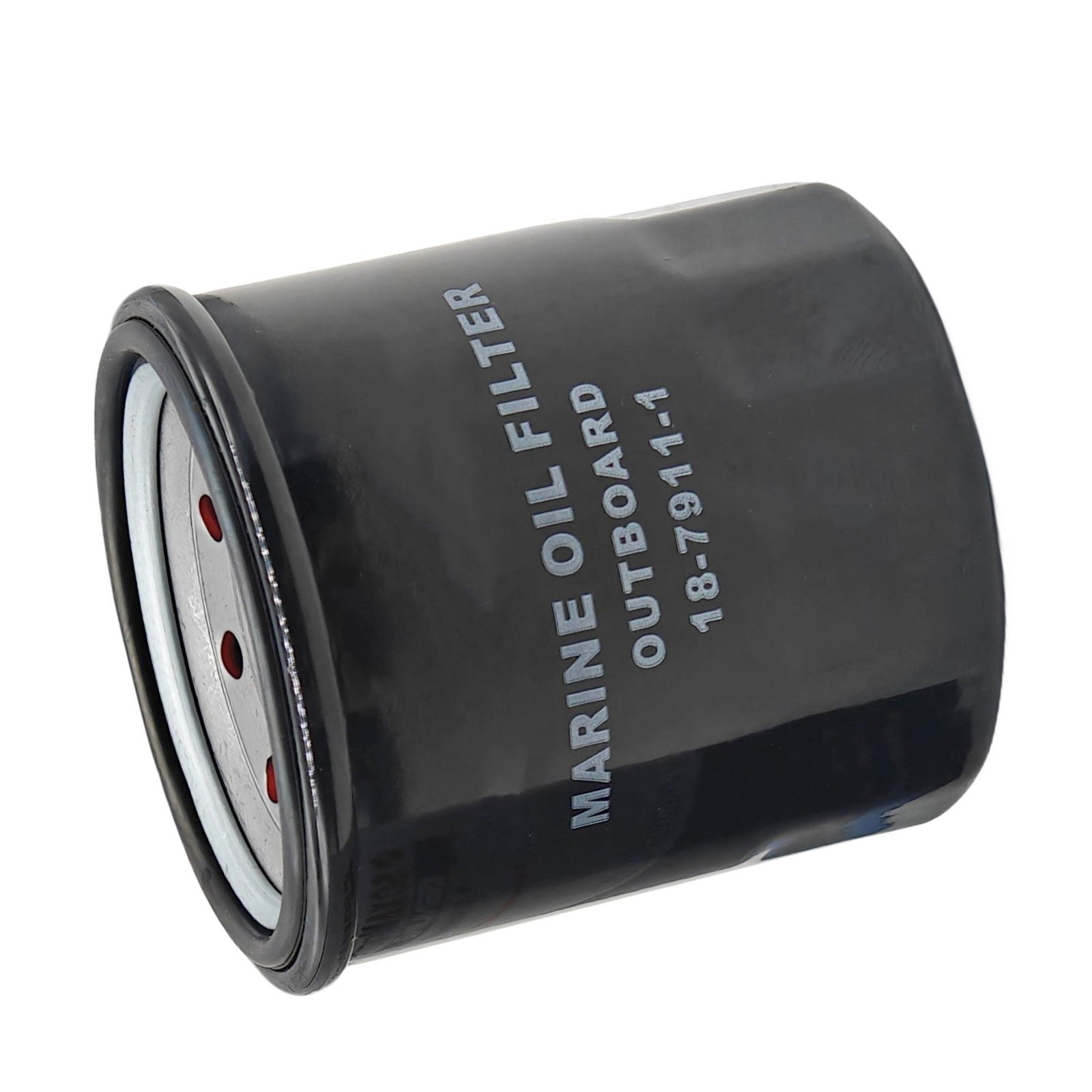 JLM Marine 18-7911-1 oil filter for Yamaha, Honda, Tohatsu Nissan outboards, black cylindrical marine outboard oil filter with silver embossed text and black rubber gasket, showing circular metal element with holes