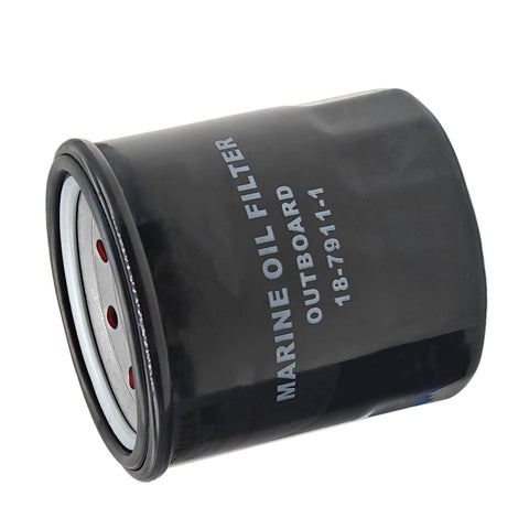 JLM Marine 18-7911-1 oil filter for Yamaha, Honda, Tohatsu Nissan outboards, black cylindrical marine outboard oil filter with silver embossed text and black rubber gasket, showing circular metal element with holes