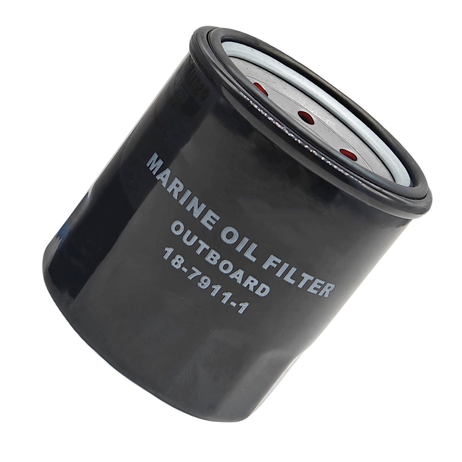 close-up photo of black JLM Marine 18-7911-1 oil filter, cylindrical with silver lettering, showing silver top end cap with red circular openings and rubber gasket