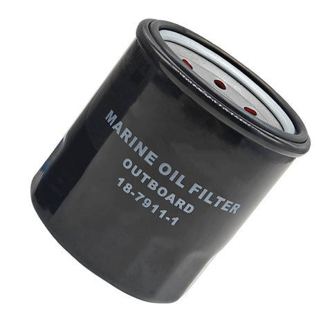 close-up photo of black JLM Marine 18-7911-1 oil filter, cylindrical with silver lettering, showing silver top end cap with red circular openings and rubber gasket