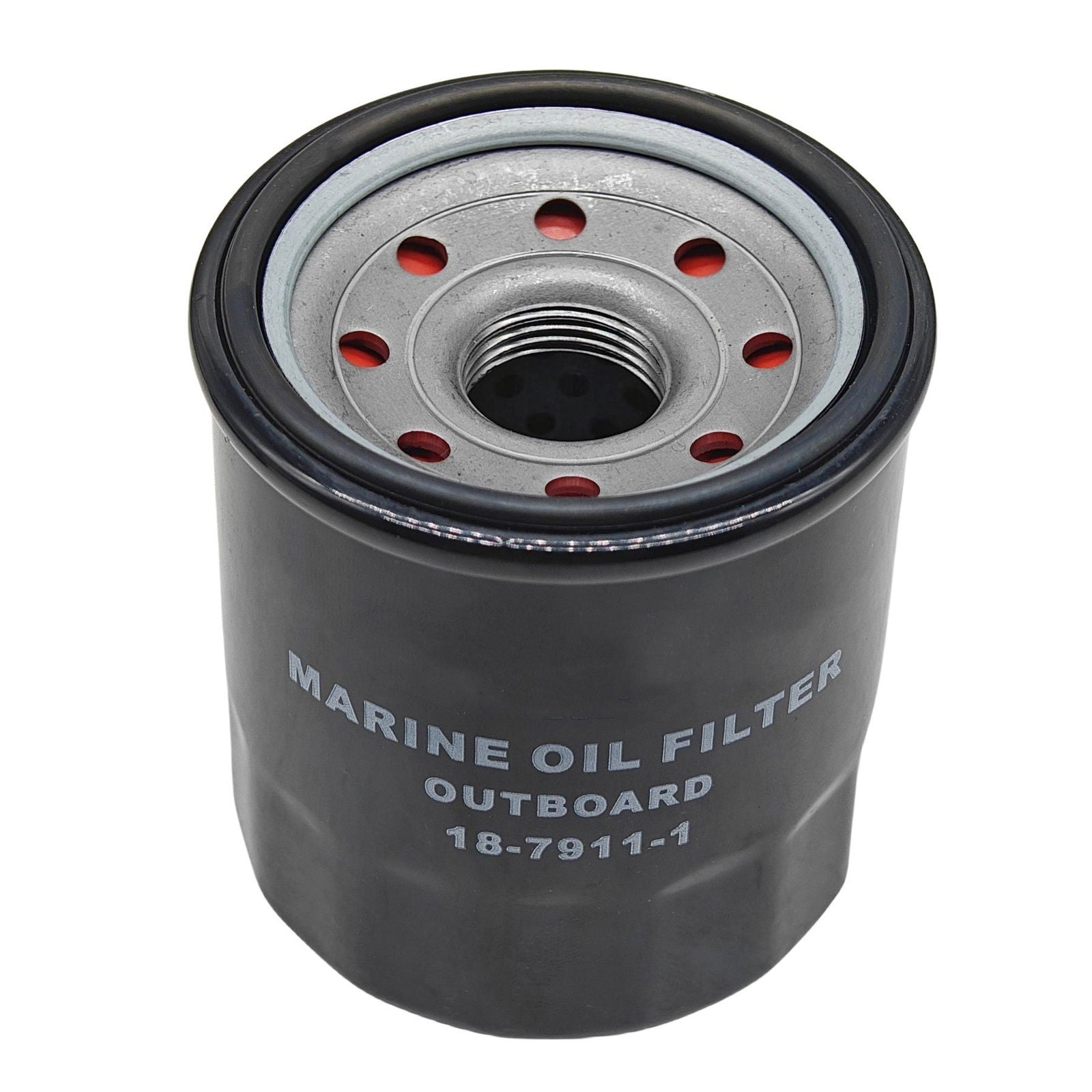 photo of jlm marine oil filter 18-7911-1 black cylindrical metal with threaded silver cap red holes and rubber gasket top view