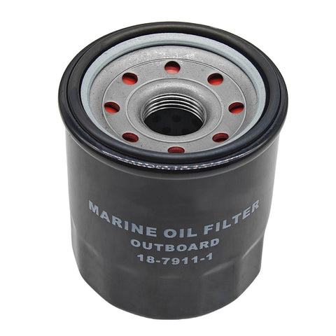 photo of jlm marine oil filter 18-7911-1 black cylindrical metal with threaded silver cap red holes and rubber gasket top view