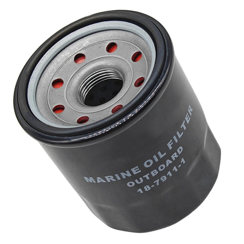 photo of jlm marine oil filter 18-7911-1 for yamaha honda tohatsu nissan 9.9-115 hp, cylindrical black filter with threaded metal top, red material visible through holes, black gasket, text shows marine oil filter outboard 18-7911-1