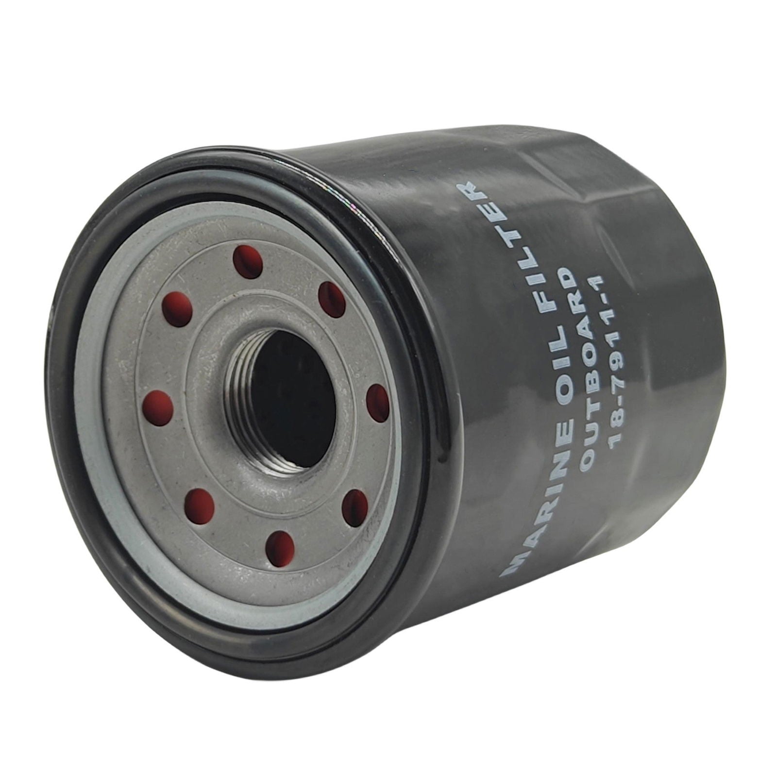 photo of JLM Marine oil filter 18-7911-1, black cylindrical casing with textured grip, silver threaded end cap with red openings