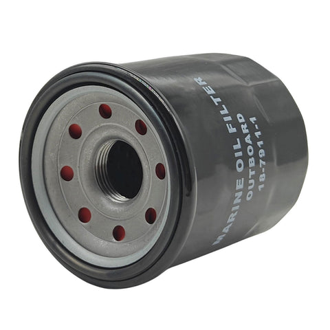 photo of JLM Marine oil filter 18-7911-1, black cylindrical casing with textured grip, silver threaded end cap with red openings