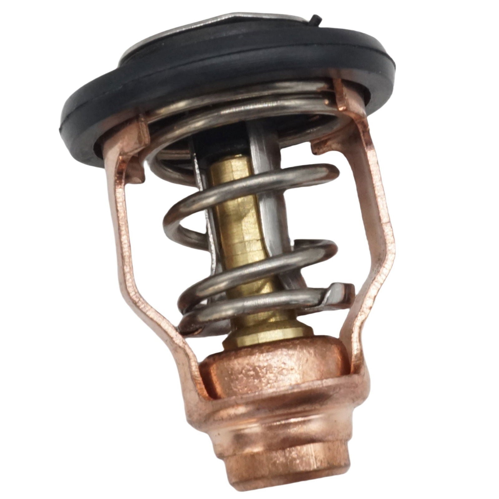 photo of JLM Marine outboard thermostat 60v-12411, circular base with black rubber gasket, copper body with coiled spring and central shaft, brass component visible