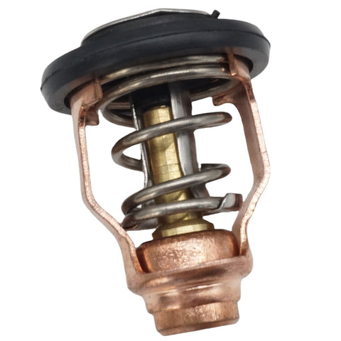 photo of JLM Marine outboard thermostat 60v-12411, circular base with black rubber gasket, copper body with coiled spring and central shaft, brass component visible