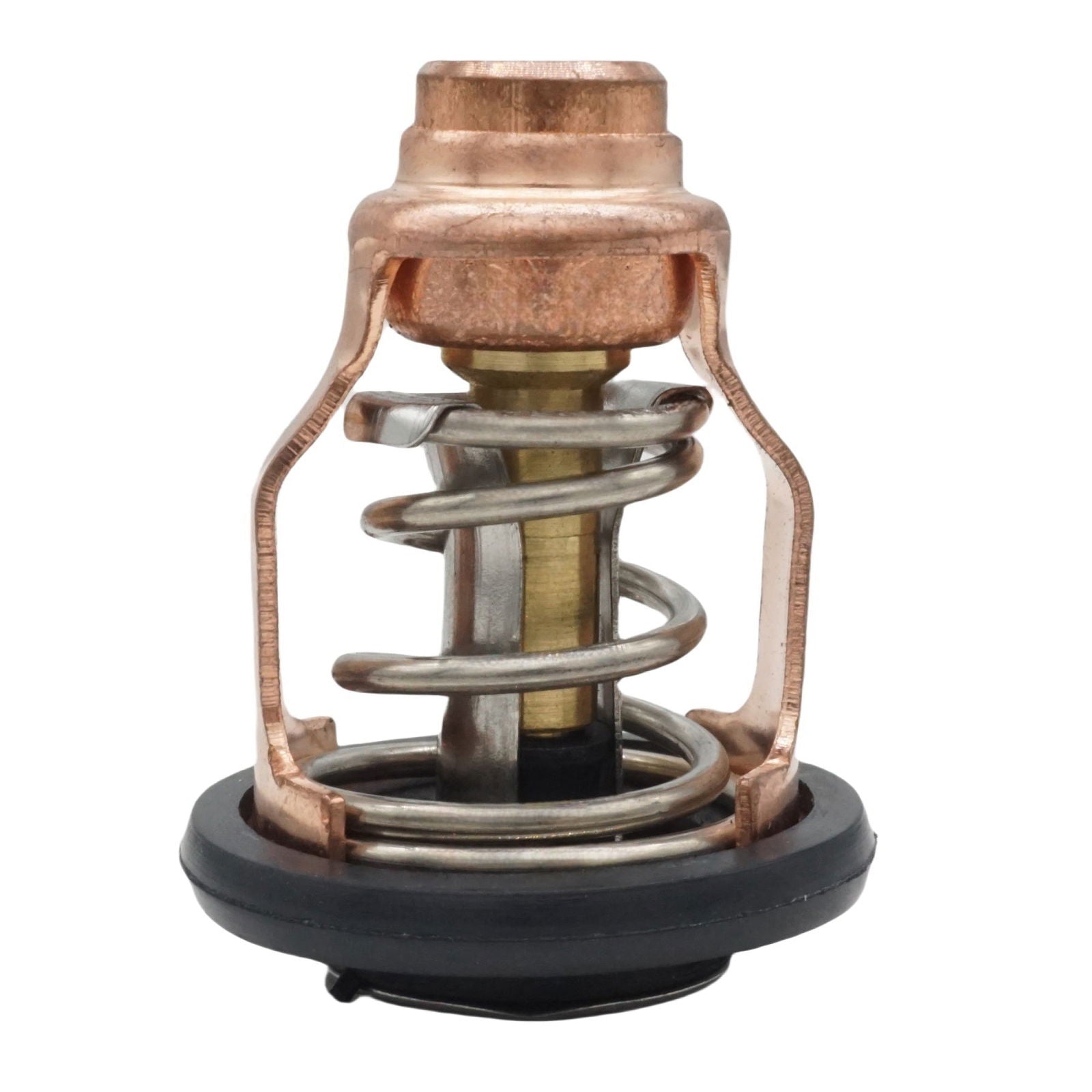photo of JLM Marine outboard thermostat 60v-12411, metal with black rubber gasket, copper cap, spring, brass rod