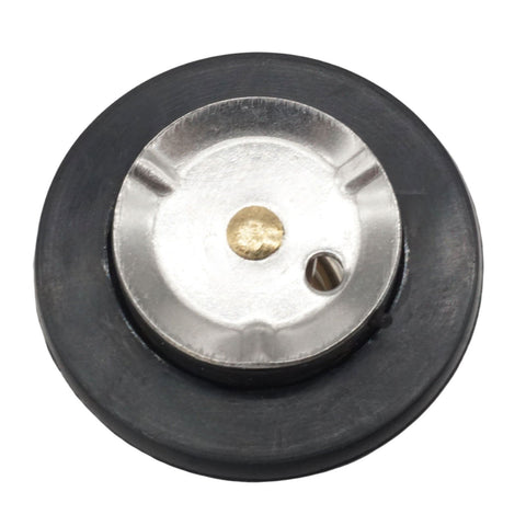 photo of JLM Marine outboard thermostat 60v-12411, top down view, black rubber outer ring, silver metal inner component with gold center element and screw