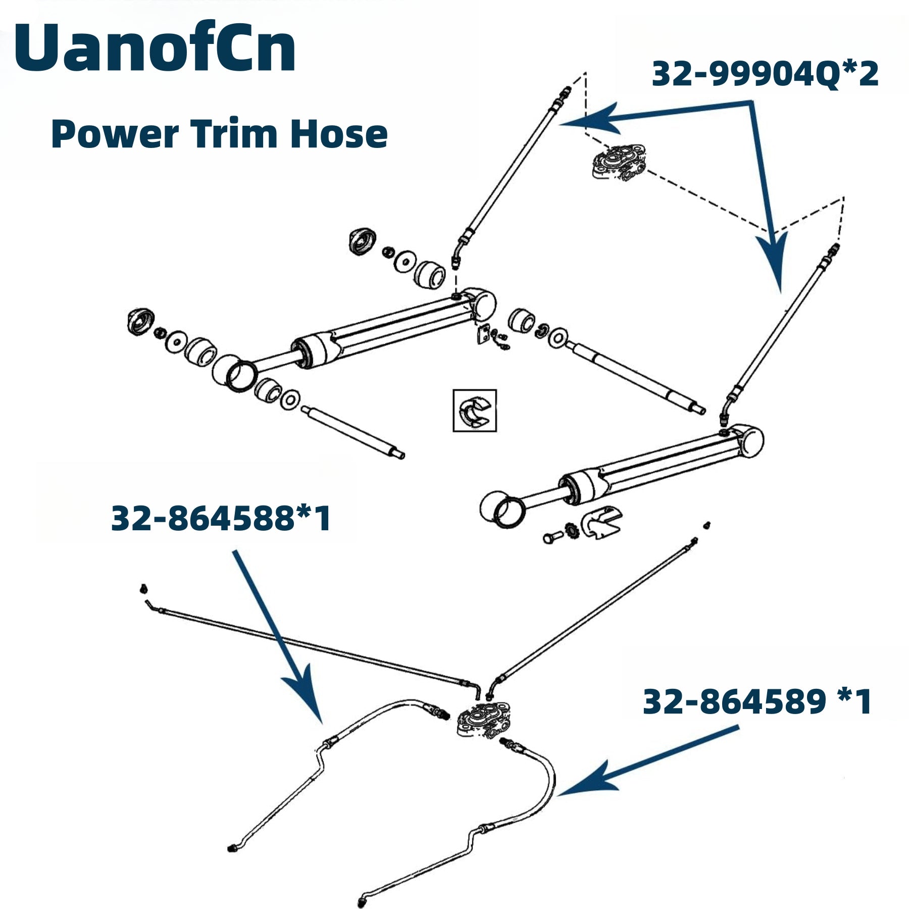 diagram of JLM Marine trim ram cylinder hose kit for mercruiser r mr alpha one and bravo i ii iii x xr xz 32-864588 32-864589 32-99904q-2 with hydraulic cylinders hoses manifold seals and washers