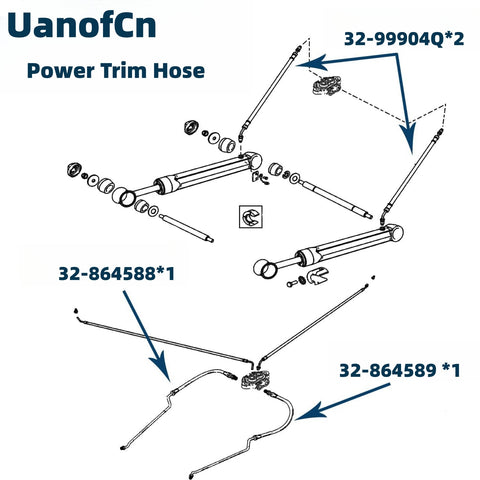 diagram of JLM Marine trim ram cylinder hose kit for mercruiser r mr alpha one and bravo i ii iii x xr xz 32-864588 32-864589 32-99904q-2 with hydraulic cylinders hoses manifold seals and washers