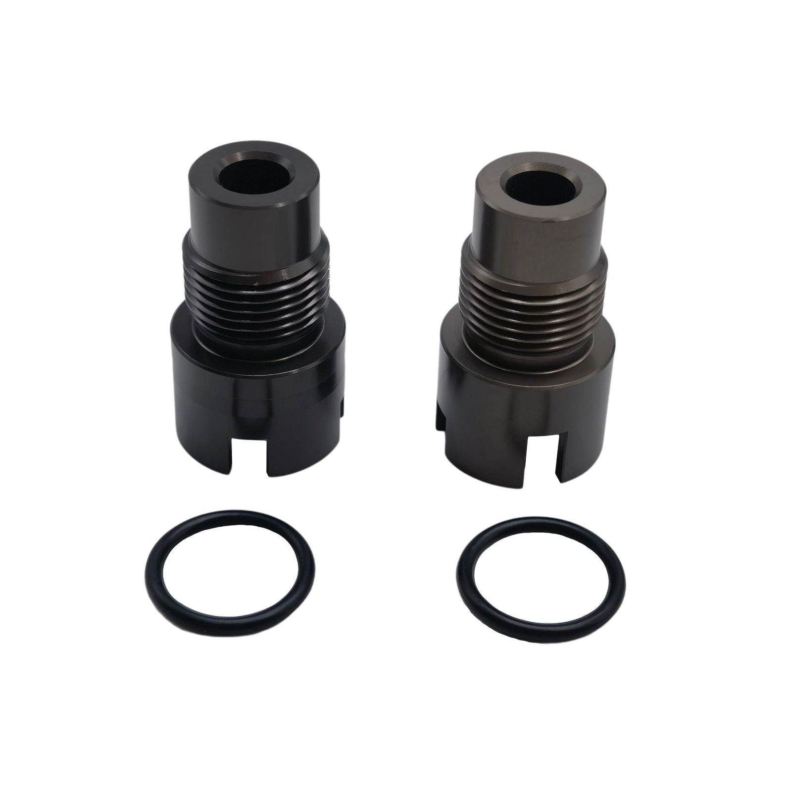 photo of seal kit for mercury 26-8m0142979, dark gray cylindrical metal parts with threaded sections, slotted bases, U-shaped notches, and black o-rings