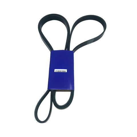 photo of jlm marine serpentine belt 8638763 for mercruiser v6 v8 engine, dark rubber with ribs, folded in loops, with white label showing 57-865615q03 on blue cardstock