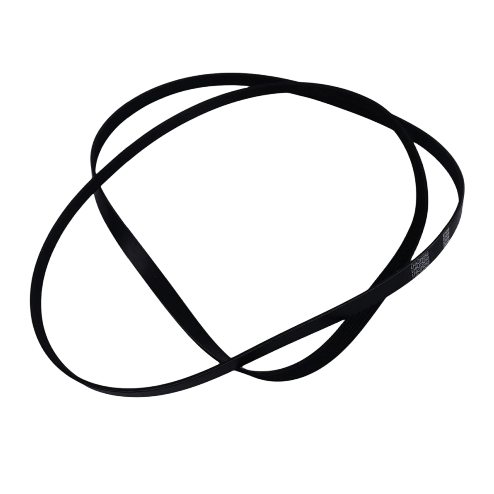 photo of JLM Marine serpentine belt 8638763 for Mercruiser V6 V8 engines, black ribbed belt in crossed configuration with printed text LHK 7558