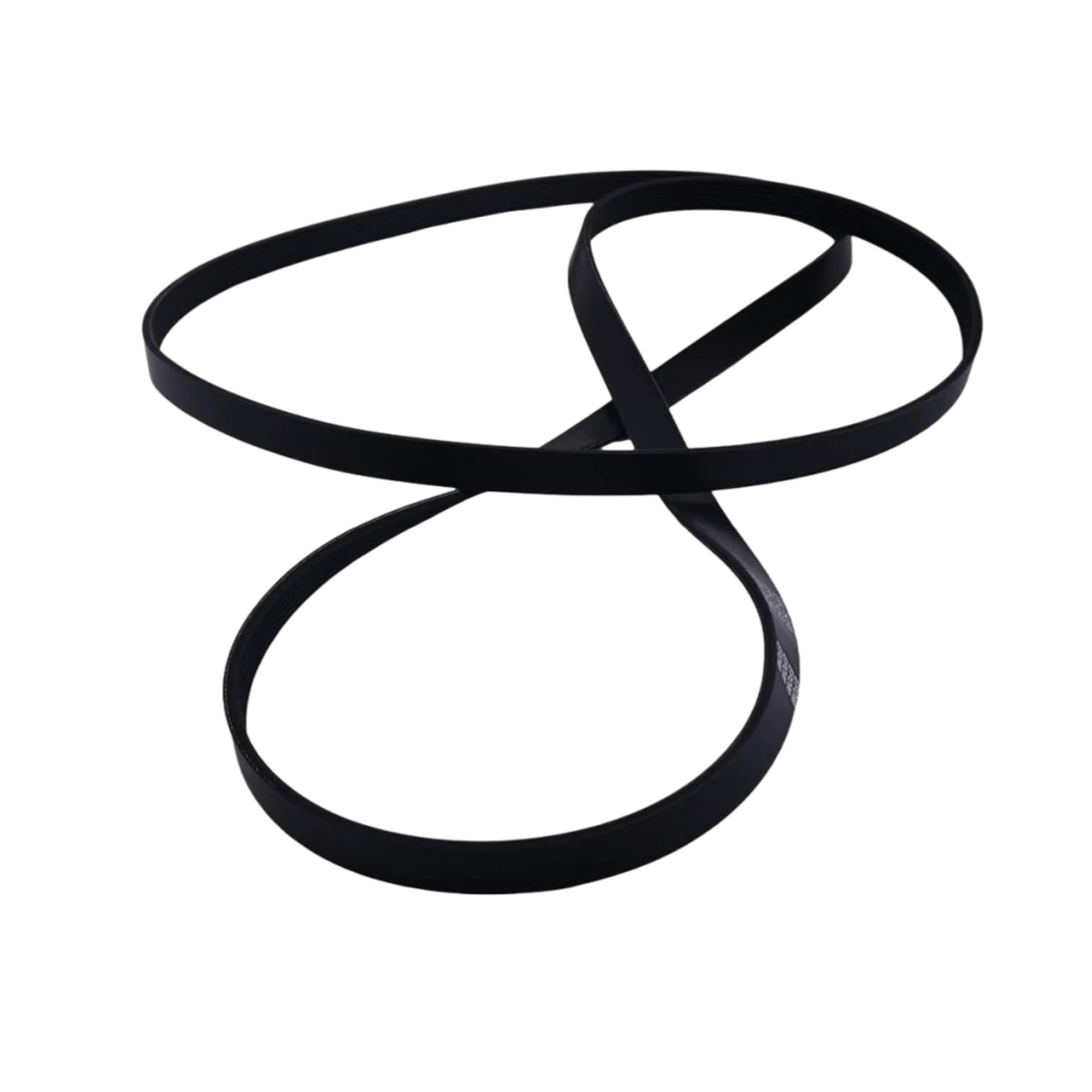 JLM Marine serpentine belt for Mercruiser V6 V8 8638763, black V-belt coiled in figure-eight, white lettering visible on inner surface