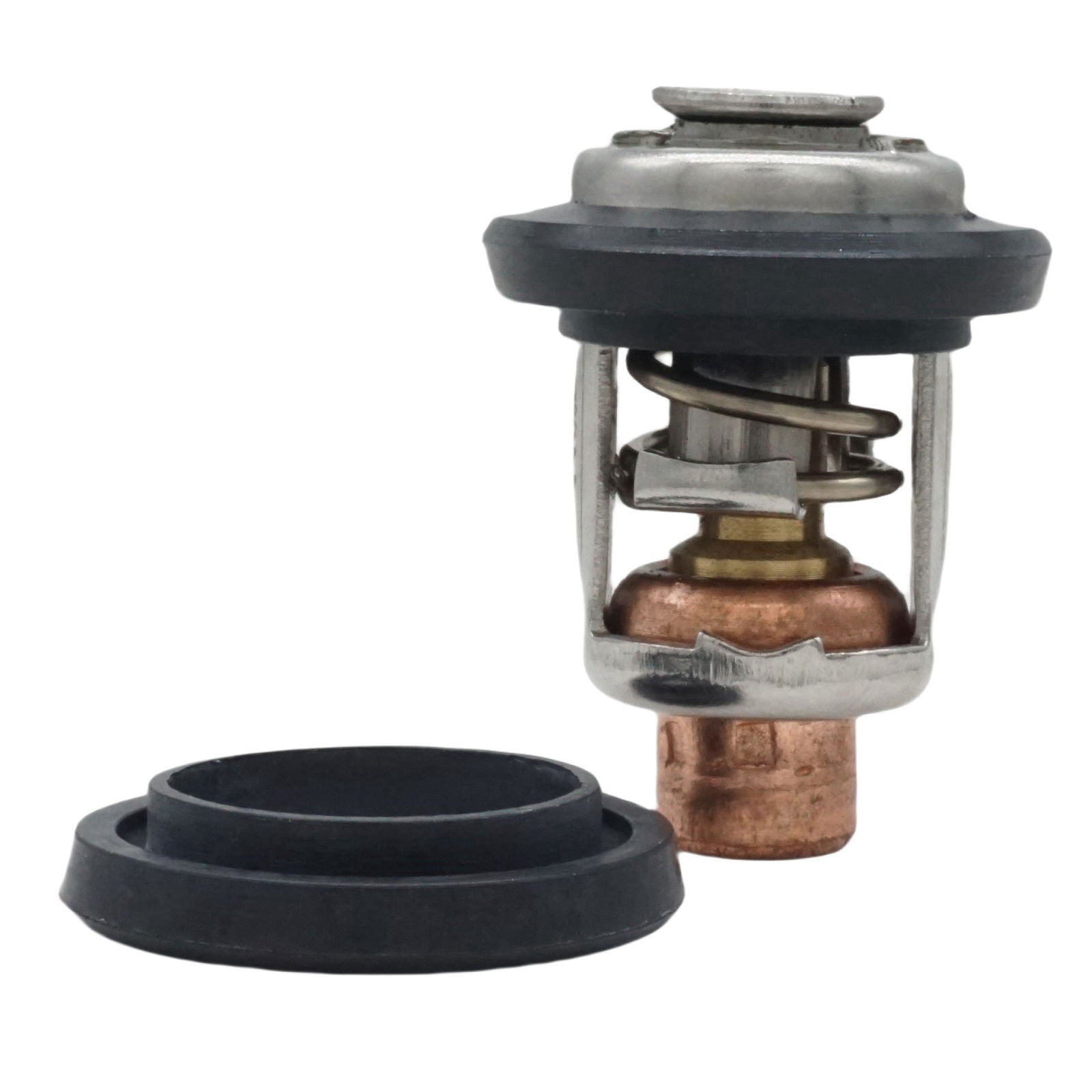 photo honda outboard motor thermostat 19300-zw9-003 jlm marine with silver metal cap black rubber gasket and copper cylinder