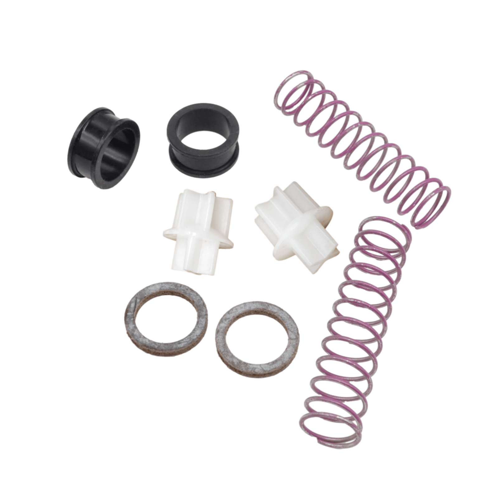 photo of thermostat kit for johnson evinrude v4 crossflow outboard engines 65-80 jet 85-140 hp 18-3673 with black plastic bushings white star shaped plastic parts purple springs and metal rings