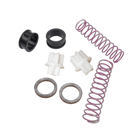 photo of thermostat kit for johnson evinrude v4 crossflow outboard engines 65-80 jet 85-140 hp 18-3673 with black plastic bushings white star shaped plastic parts purple springs and metal rings